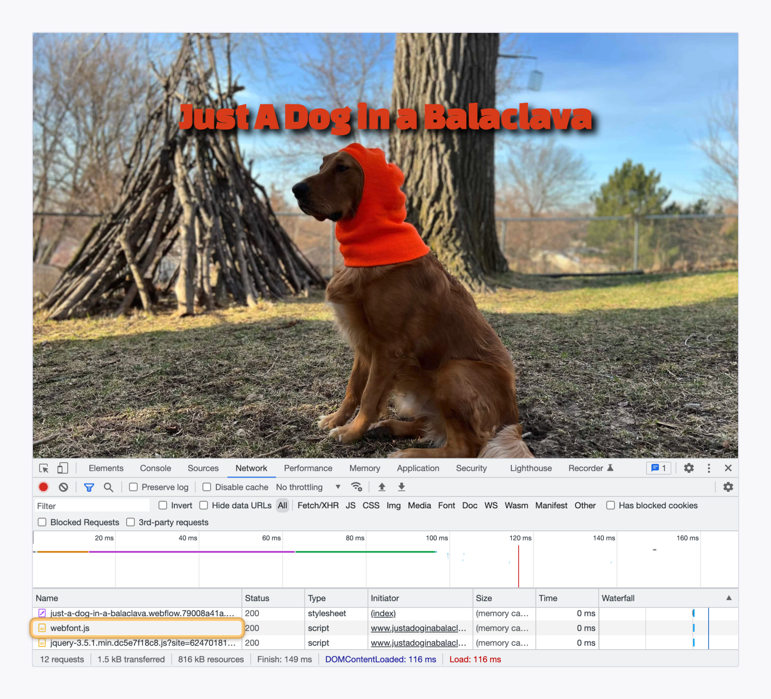 Developer tools open on justadoginabalaclava.com in Google Chrome. The file “webfont.js” is highlighted in the Network tab of Developer tools.