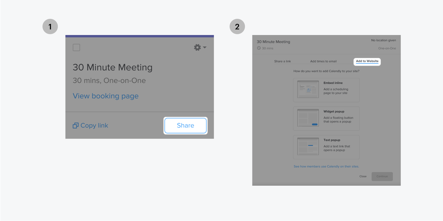 Step one on the left, share the 30 minute meeting. Step two on the right, add to the website link is highlighted.