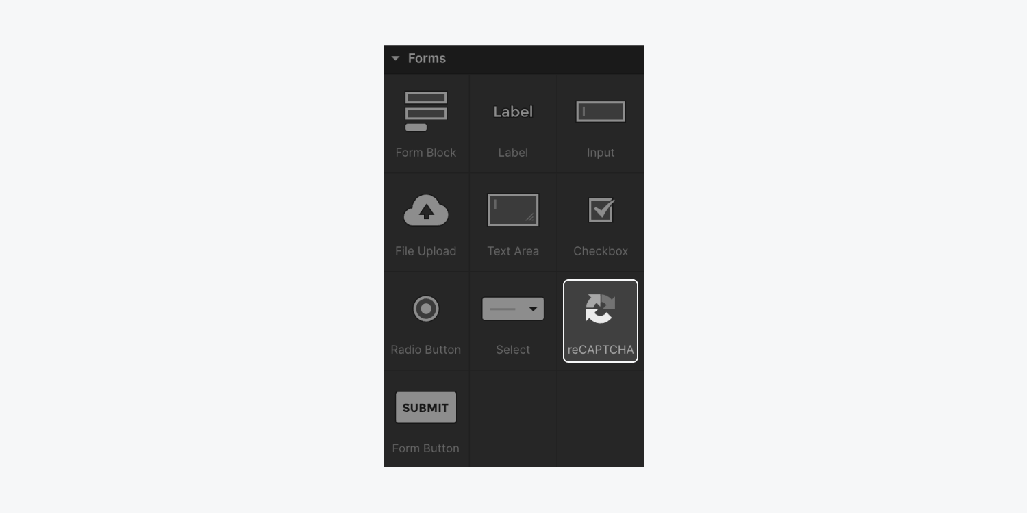 reCAPTCHA アイコンは、[追加] パネルの [フォーム] セクションで強調表示されます。