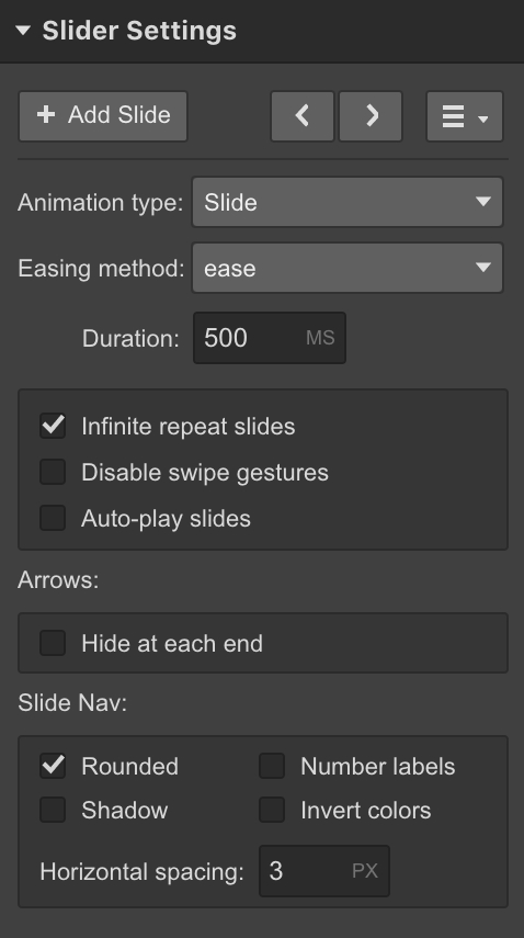 Webflow Slider settings