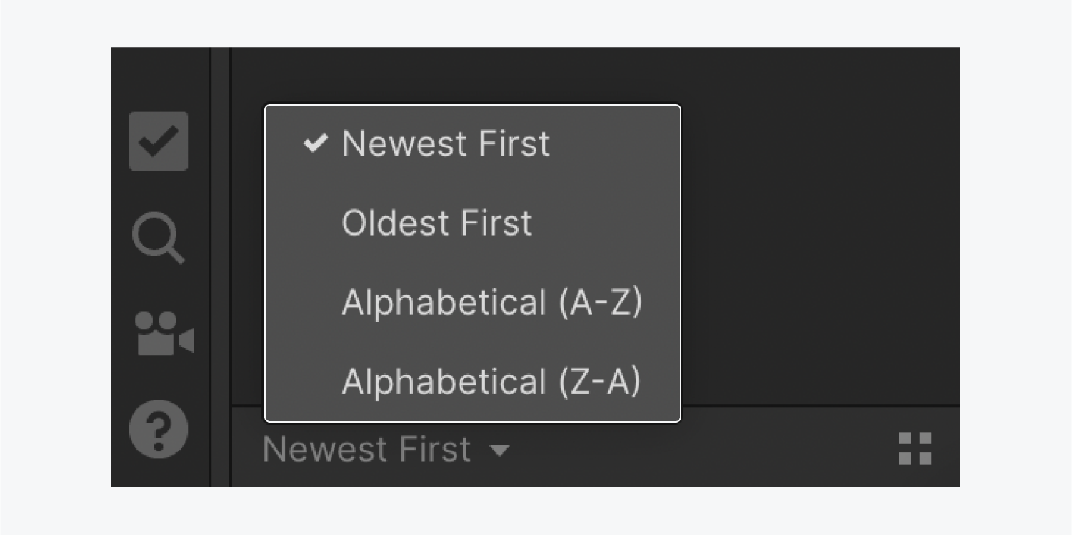 The sorting resources dropdown highlighted in the Resources panel. The options are “Newest first,” “Oldest first,” “Alphabetical (A-Z),” and “Alphabetical (Z-A).”