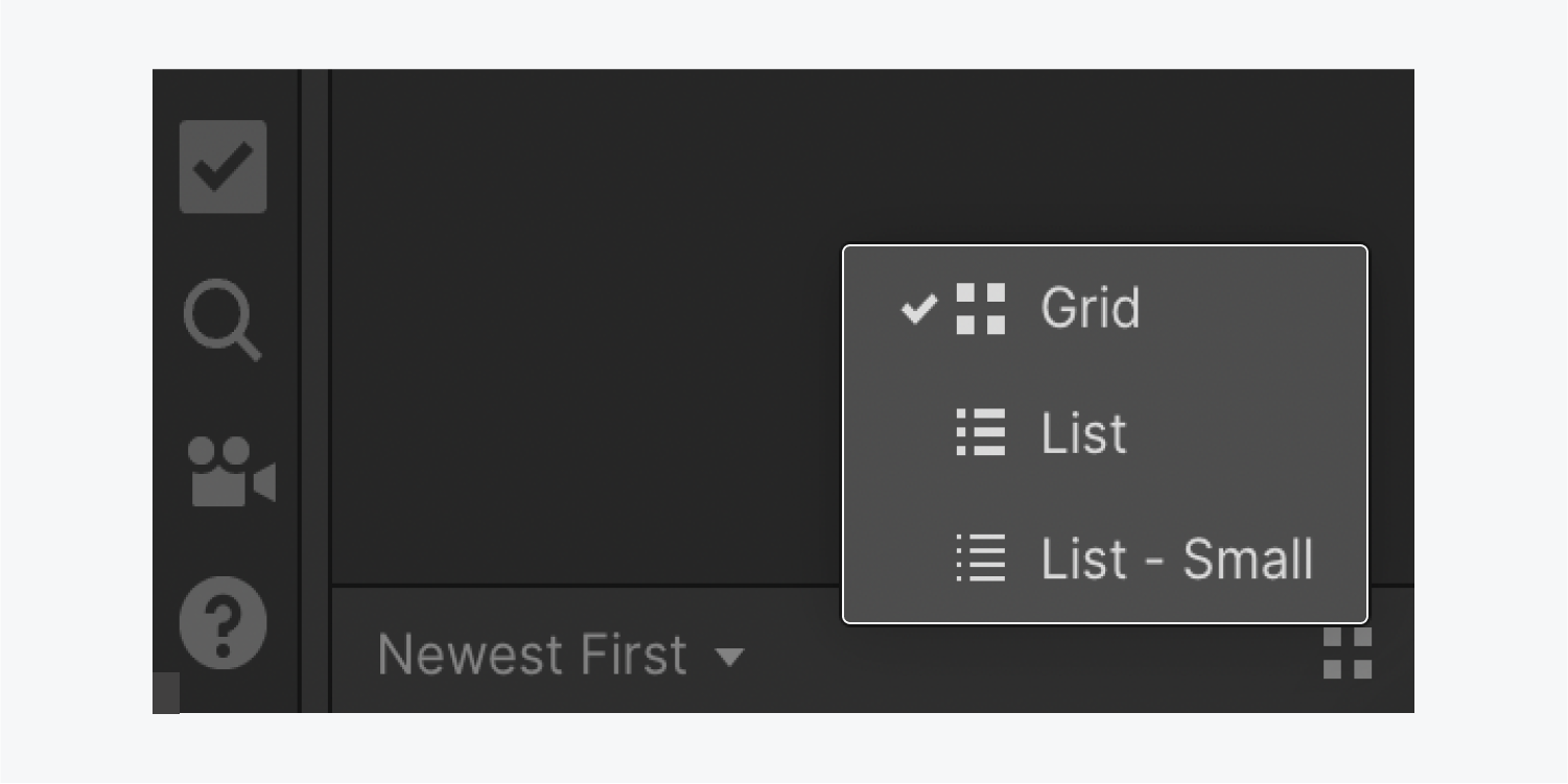 The Resource panel view option dropdown highlighted in the Resources panel. The choices are “Grid,” “List,” and “List - Small.”