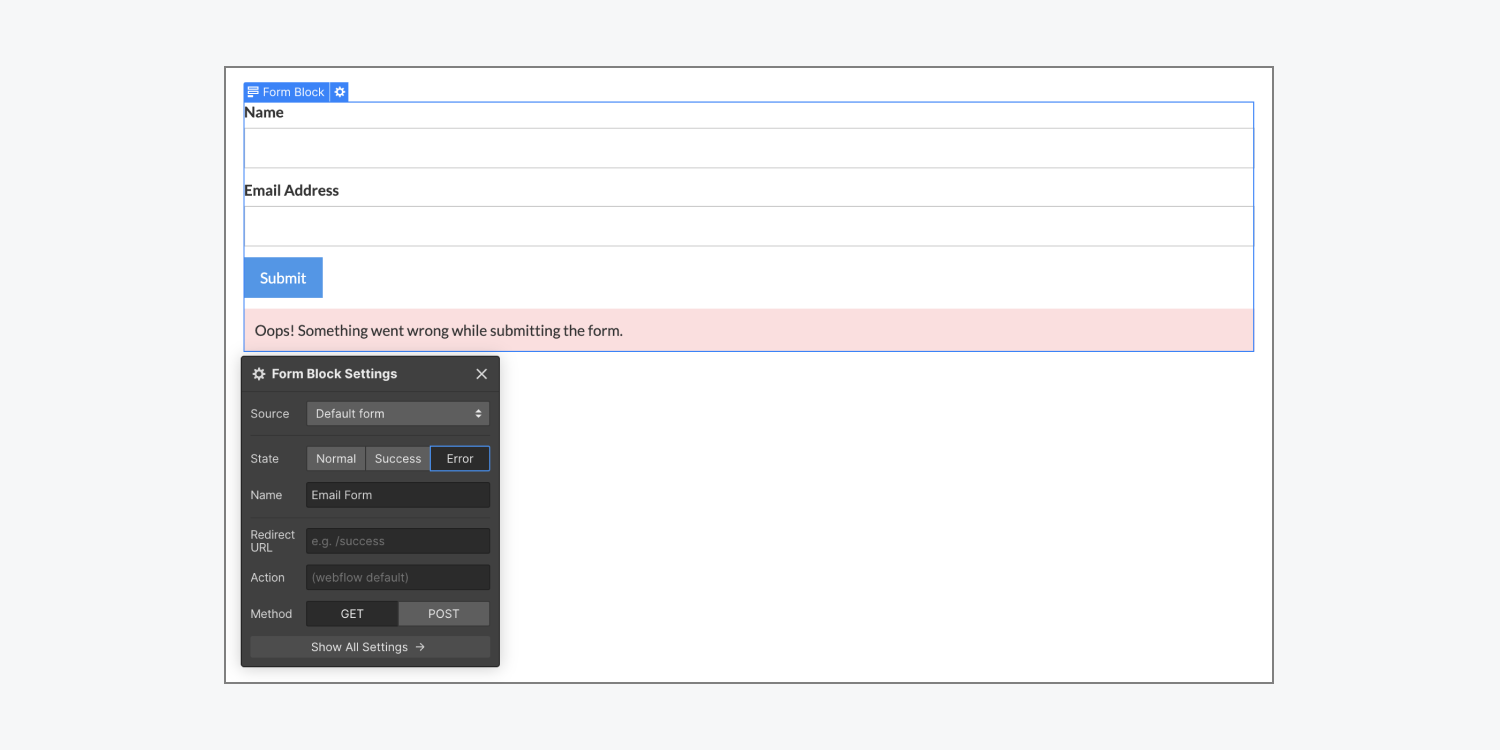 The standard Form block error state displayed on the Webflow canvas. The default error message shown under the Form block reads, “Uh-oh! An error occurred while submitting the form.”