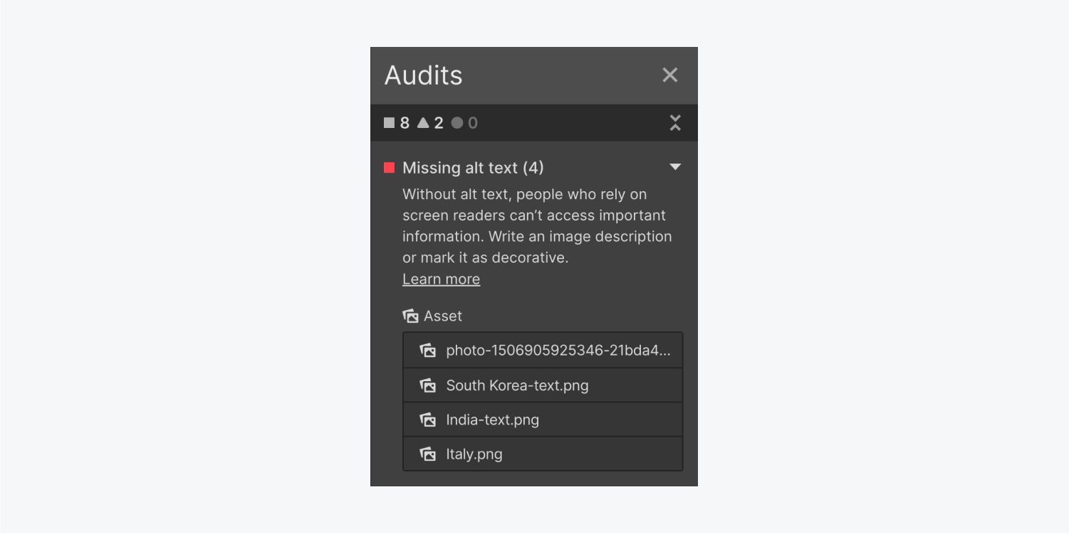 审计仪表板显示一组因缺少替代文本而标记的图像资产。