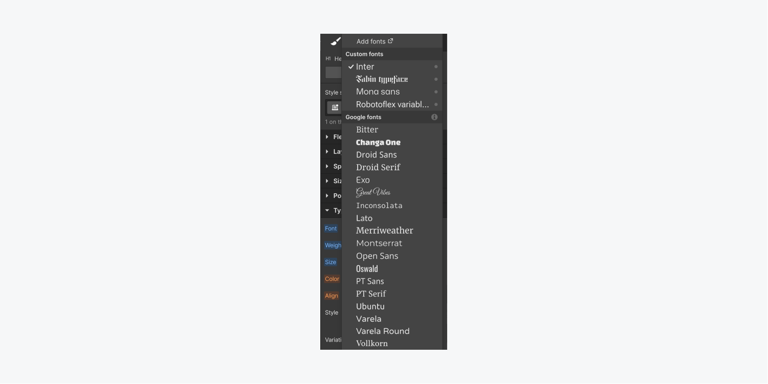 The Font dropdown contains a list of available font options, separated by the font source (e.g., Google Fonts, custom fonts you uploaded to the site, etc.). 