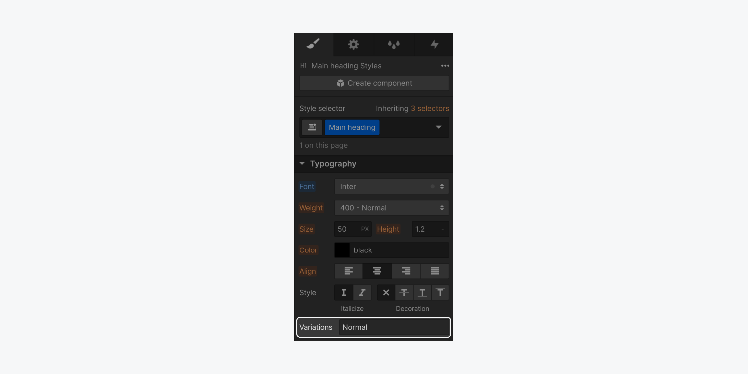  “Variations” is found in the Typography section below basic typography styling options like alignment and style. 