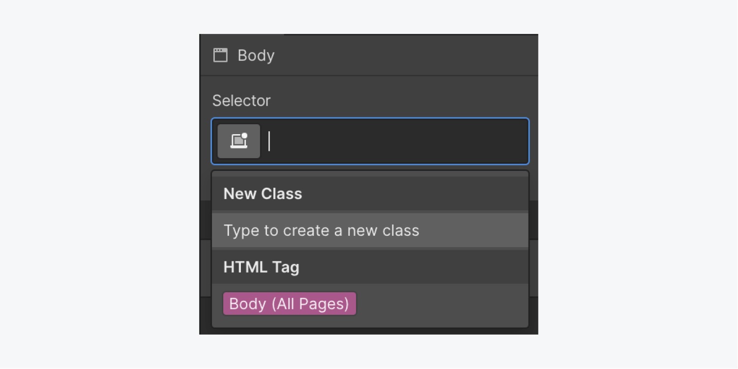 The Selector field is expanded to display the available Body (All pages) element.