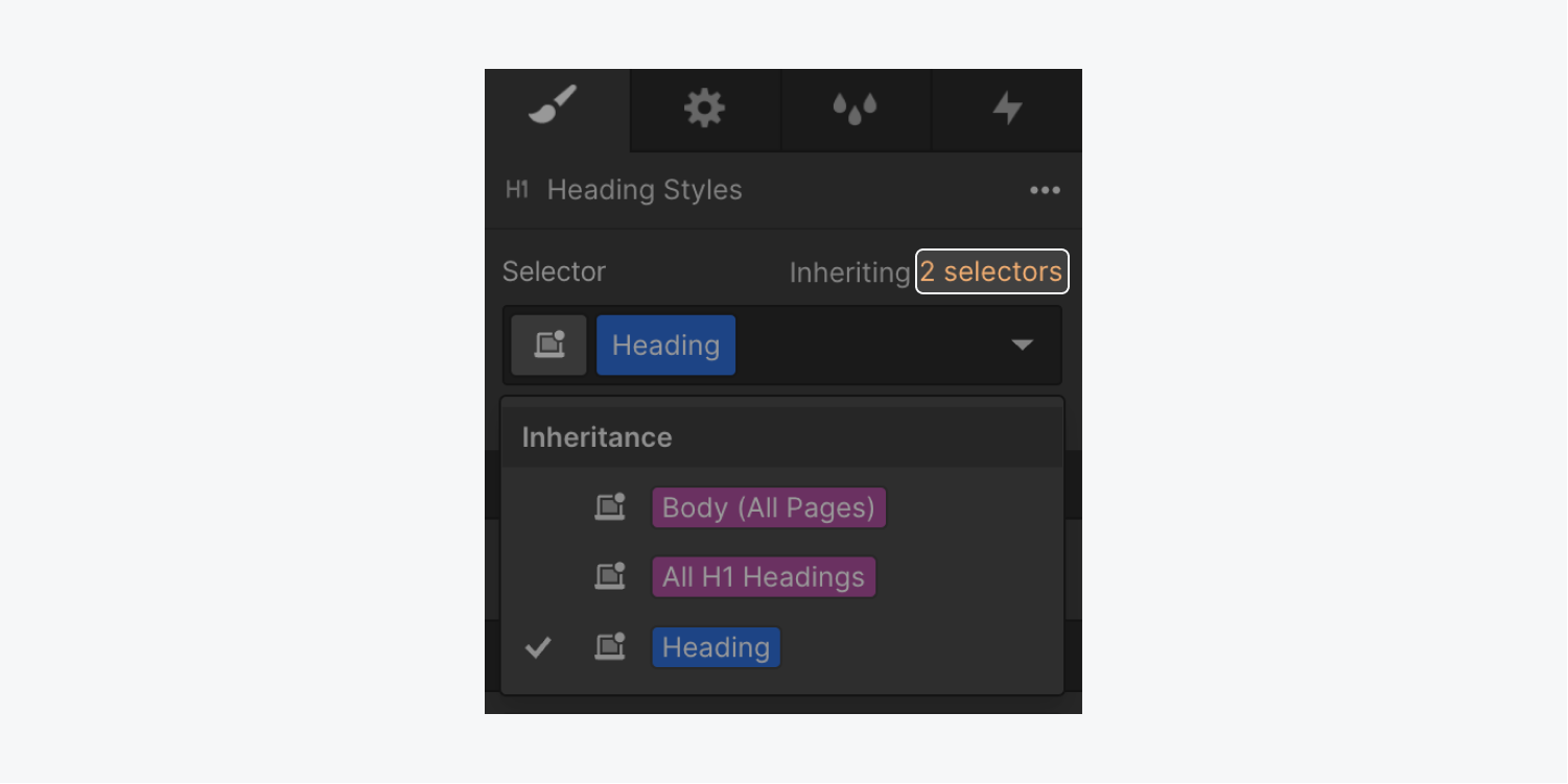 The inheritance menu link is highlighted above the Selector field in the Style panel. The link reads “Inheriting 2 selectors.” 