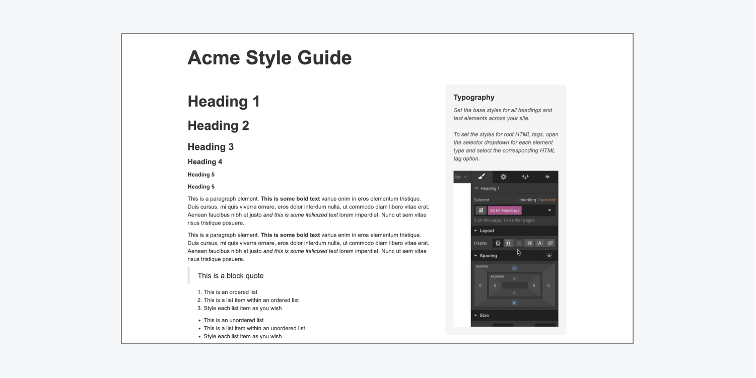 Webflow’s example tag-based style guide contains a heading hierarchy, paragraph elements, block quotes, and ordered and bulleted lists styled with HTML tags.