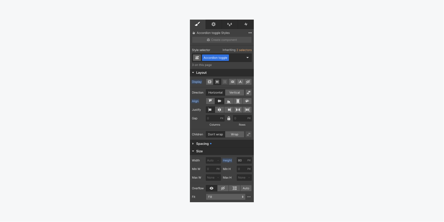 Layout and size settings for the Accordion toggle element in the Style panel. Its display is set to flex, align set to center, and height set to 80px.