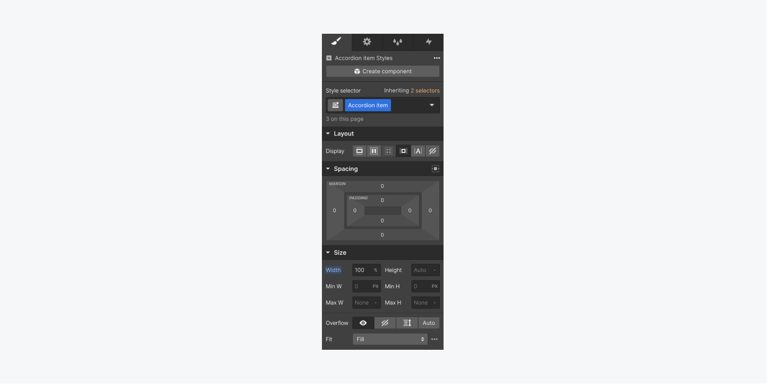 Size settings for the “Accordion item” element in the Style panel. Its width is set to 100%.