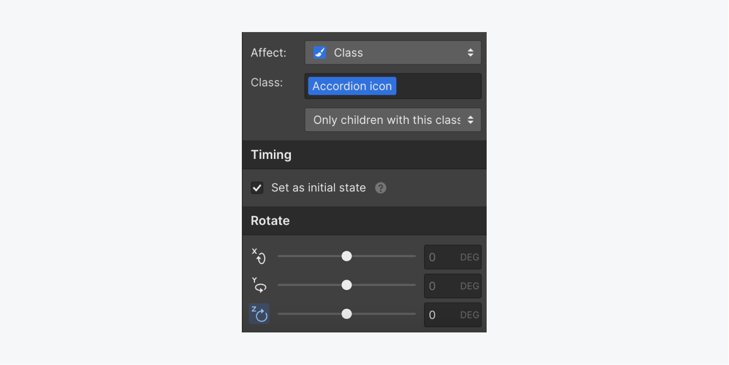 The Rotate action for the Accordion icon element has a z-axis set to 0 degrees.