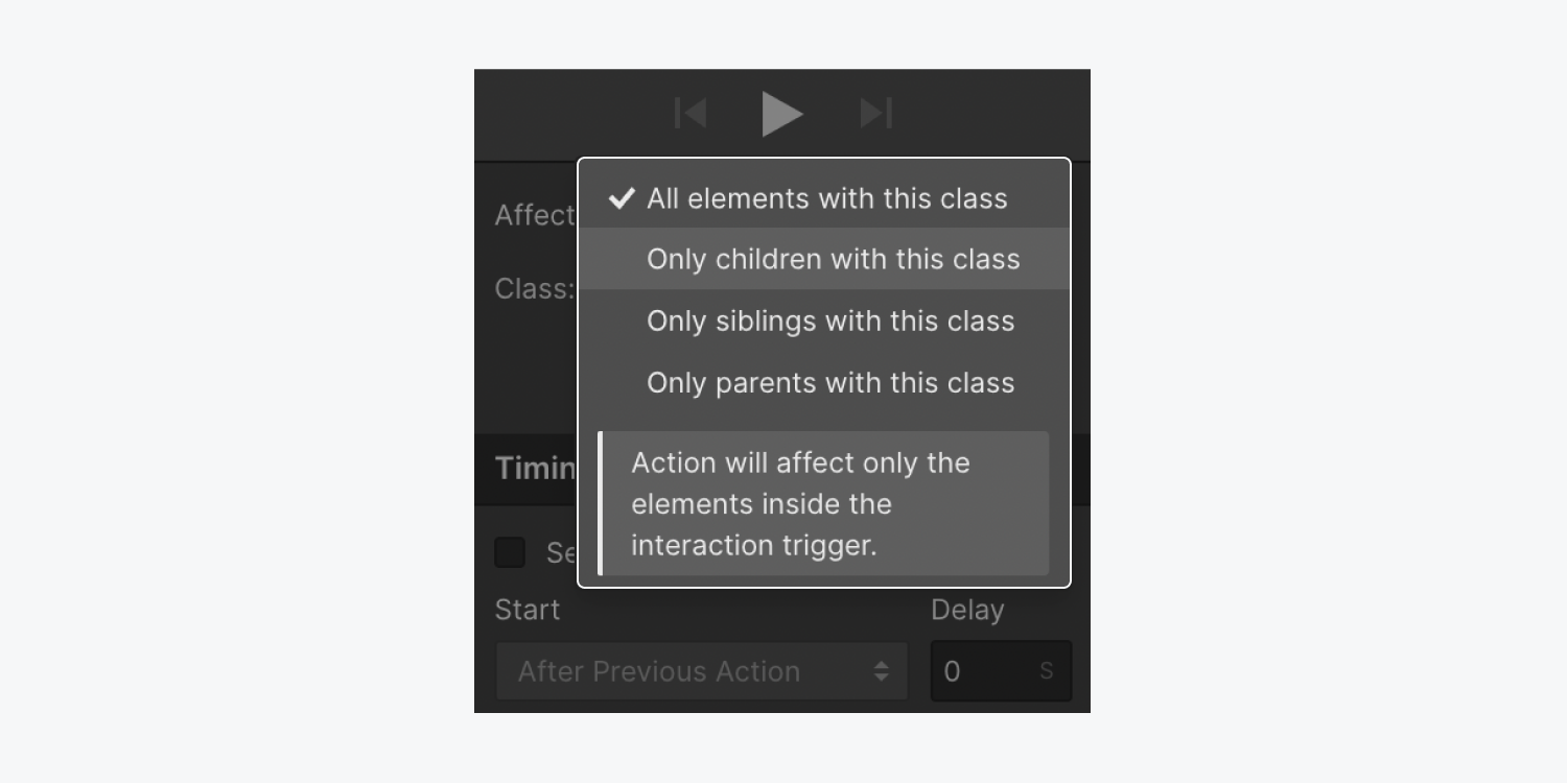 영향 메뉴에서 "이 클래스의 어린이만" 옵션이 강조 표시됩니다.