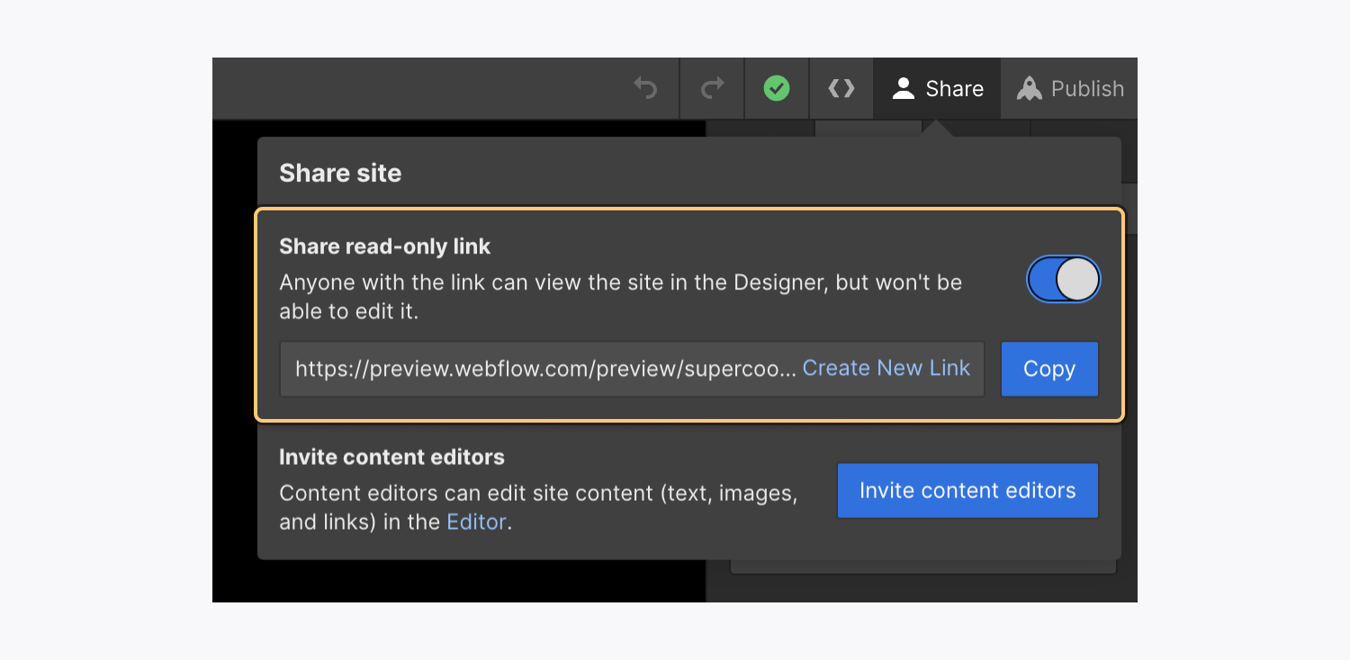 “共享网站”模式窗口中突出显示了“共享只读链接”部分。在这里，您可以共享只读链接或创建新的只读链接。