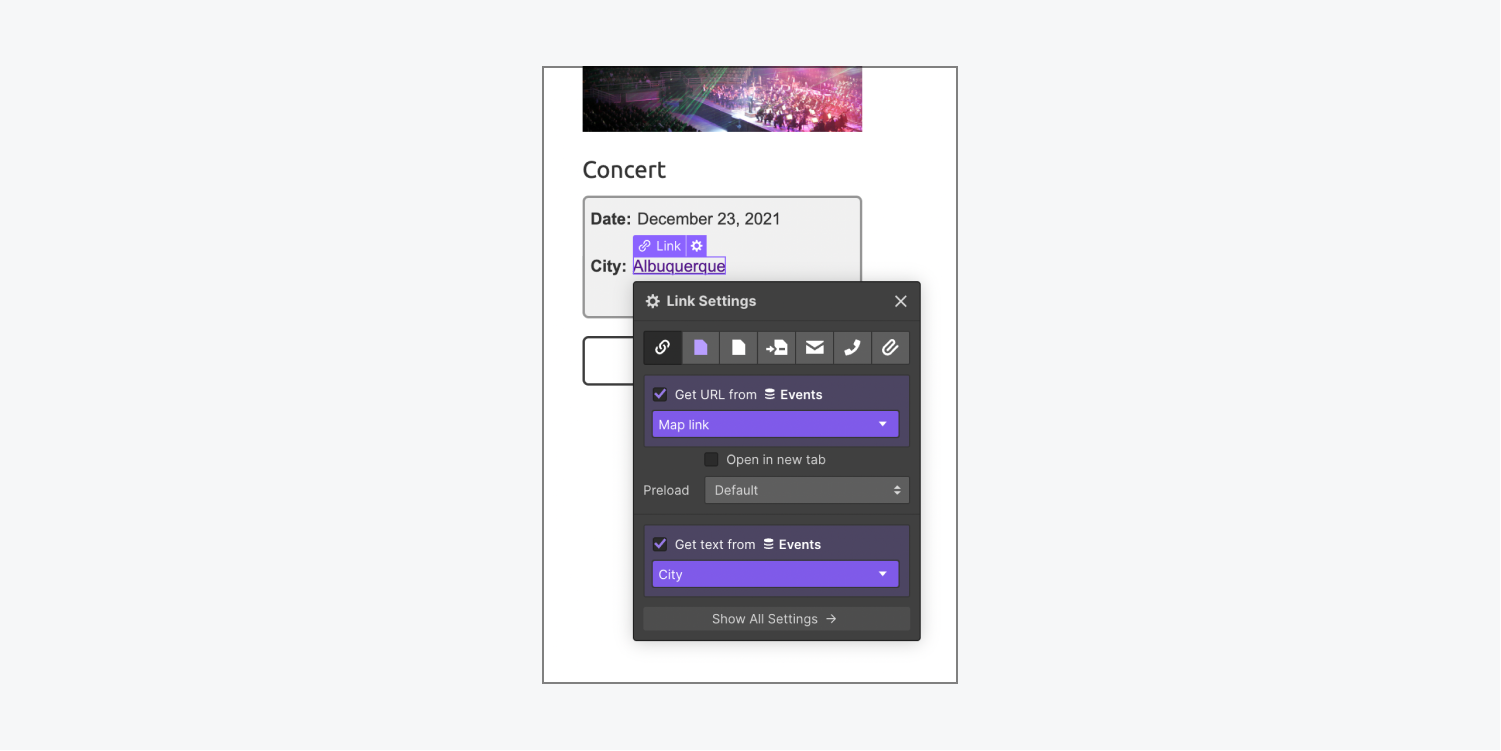 A text link pulls the URL from the “Map link” field and the text from the “City” field. Both fields are linked to the “Events” Collection.