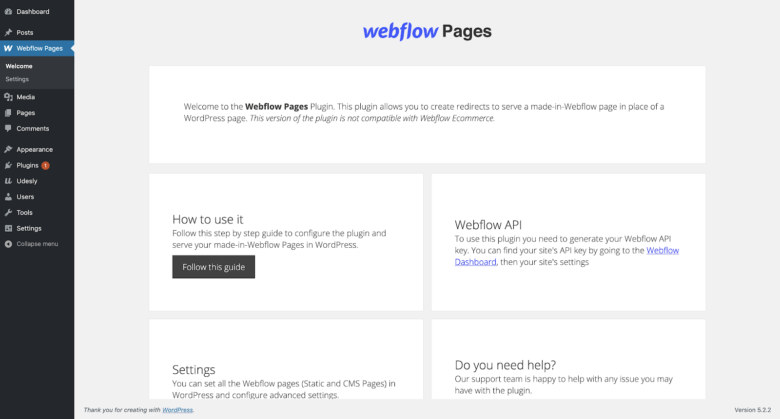 Webflow Pages 擴充功能概述頁面提供了操作指南和擴充設定的連結。