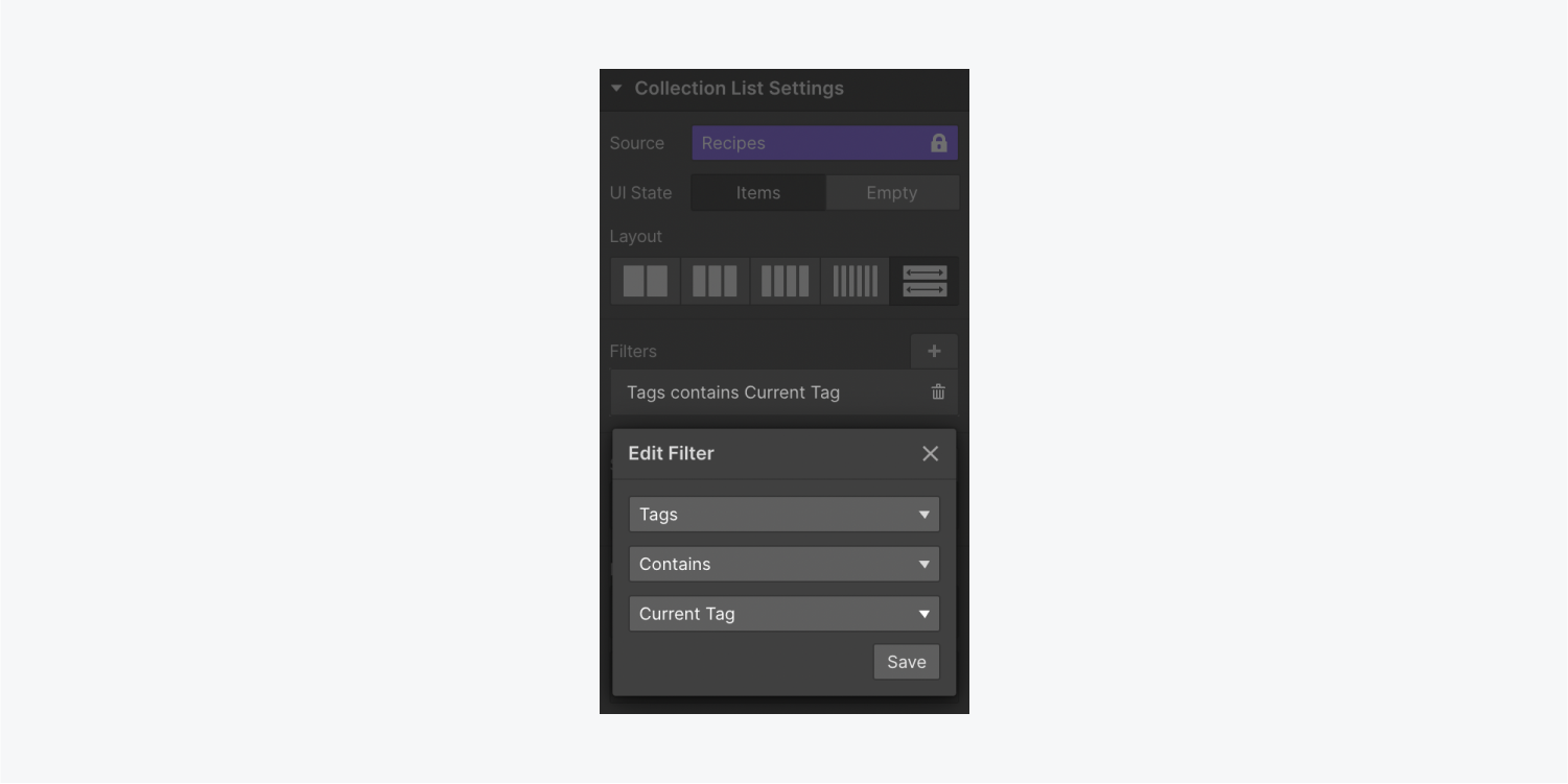 A filter rule is set on a Collection list so that “Tags” contains “Current Tag.”