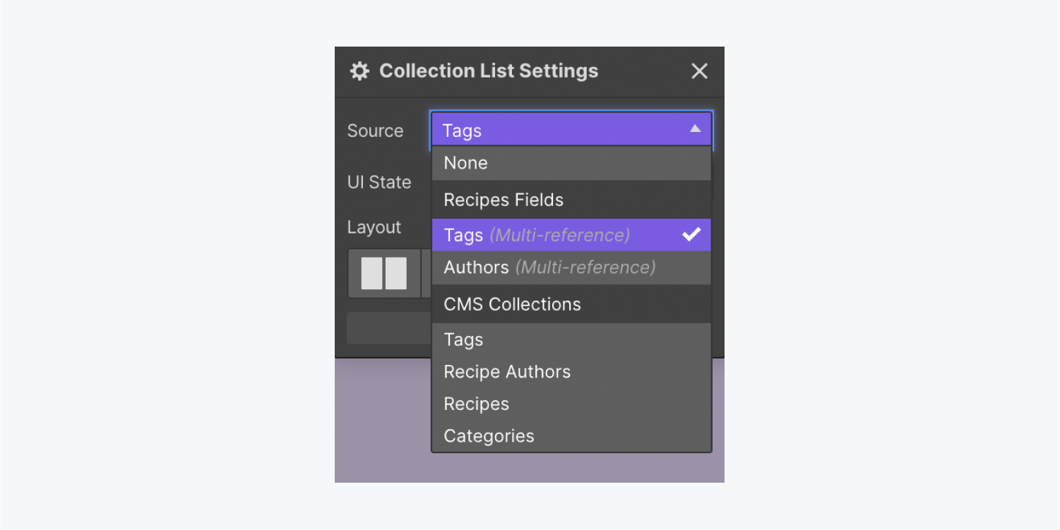 The “Tags” multi-mention field is highlighted as the Source in the Collection list settings.