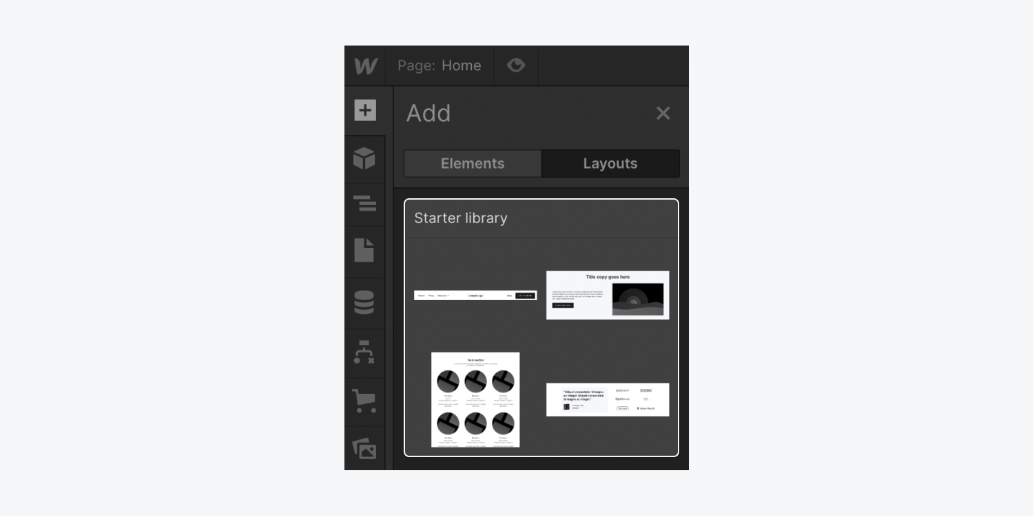 The Starter Library is highlighted in the Layouts tab of the Add panel.