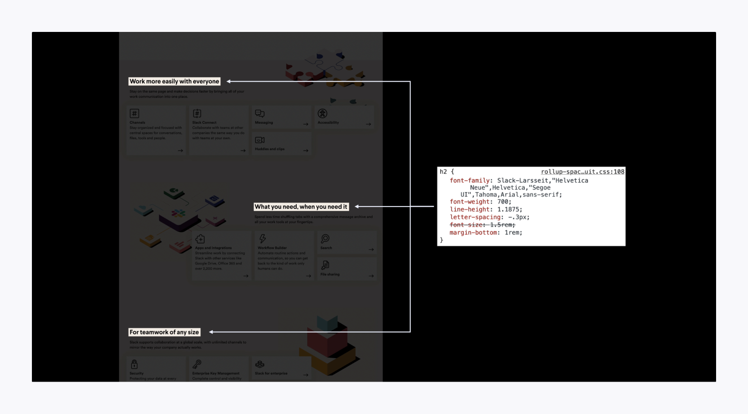 3 H2 headings are highlighted on the Slack marketing site and the CSS styles for the H2 selector are displayed to the right.