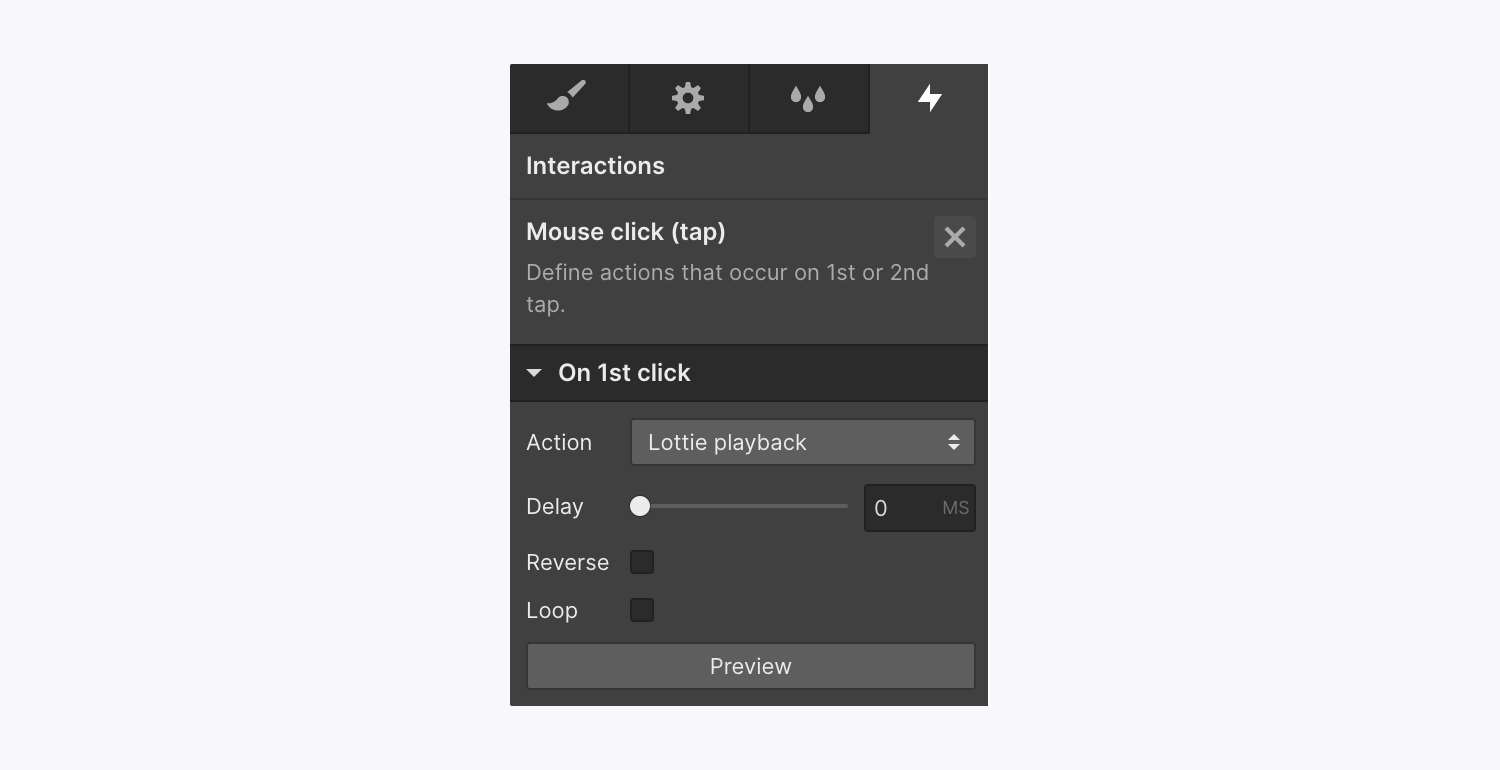 The “Mouse click (tap)” trigger and “On 1st click” section are visible in the Interactions panel.
