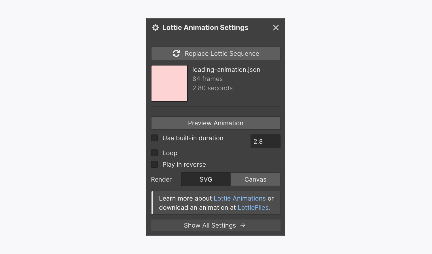 Lottie アニメーション要素設定のキャンバス メニュー。