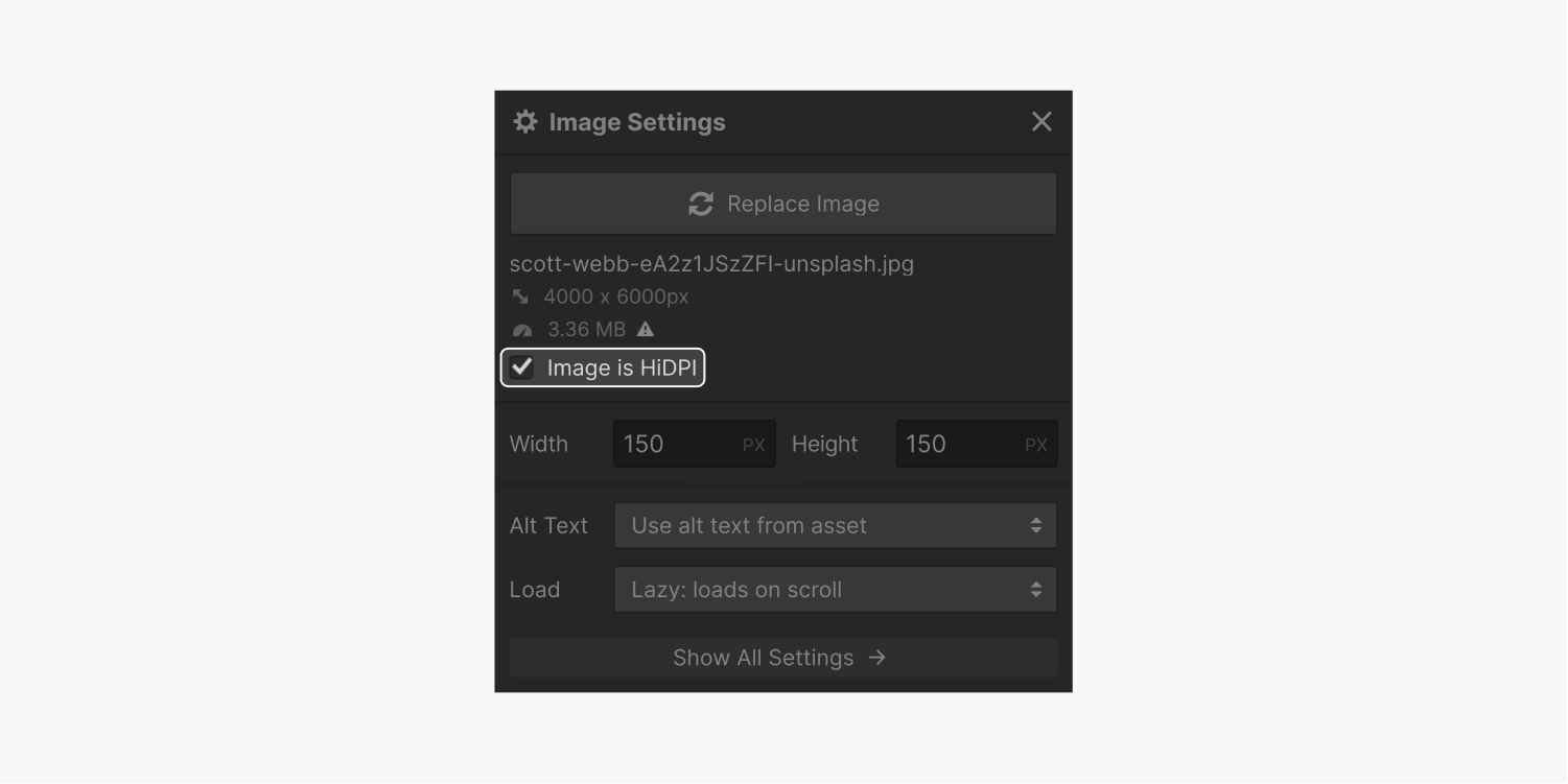 The highlighted checkbox for "Image is HiDPI" on the Image settings panel.