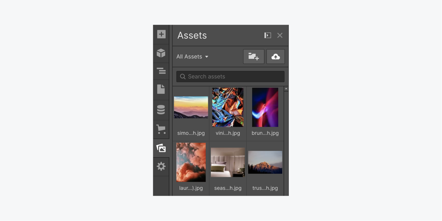 The Resources panel displays a folder dropdown menu, create new folder button, upload button, search assets bar and picture thumbnail previews.