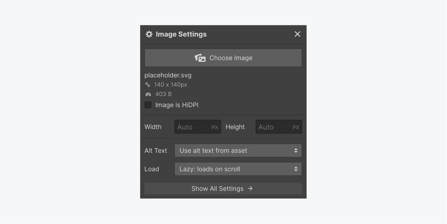 The section for adjusting image settings showcases a button labeled "Select image," file name, dimensions, and size. It also includes a checkbox for "Image is HiDPI". Moreover, there are two text input fields provided for width and height specifications. Furthermore, you will find a dropdown menu for alternative text, for loading options, and a button labeled "Display all settings".