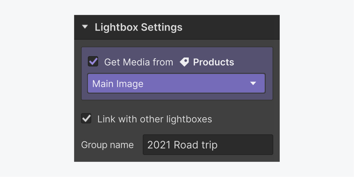 The lightbox settings section highlights a confirmed box for "retrieve media from products" obtaining the primary image, a confirmed box for interlinking with other lightboxes, and a cluster name titled 2021 Road trip.