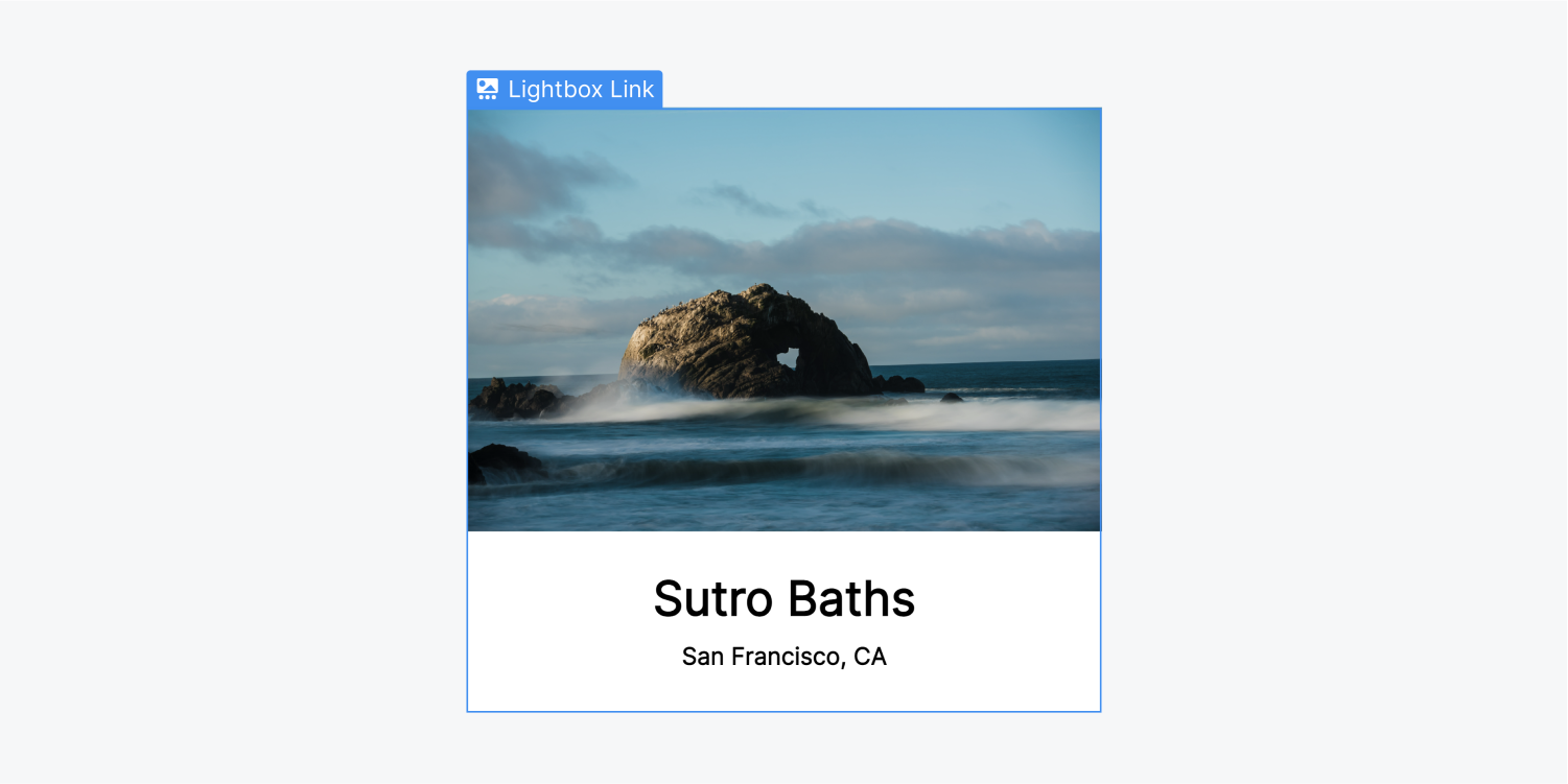 A gallery link incorporates an image of the Sutro baths in San Francisco. It features an H1 headline and a paragraph of text. The H1 text reads Sutro Baths, while the paragraph details San Francisco, CA.