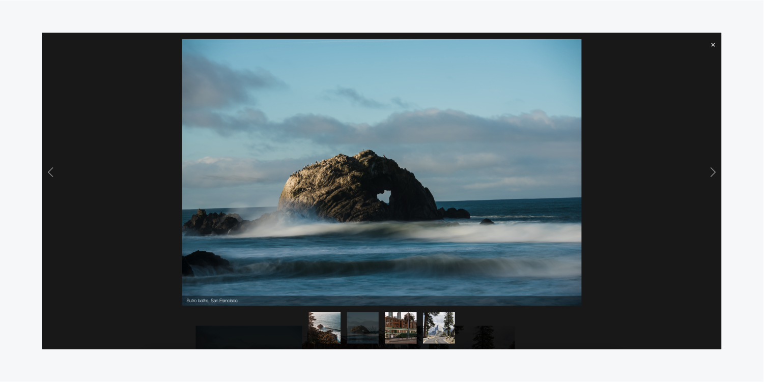 A cluster of lightboxes showcasing four images, displaying an image of the renowned Sutro baths in San Francisco. An attached caption reads "Sutro baths, San Francisco."