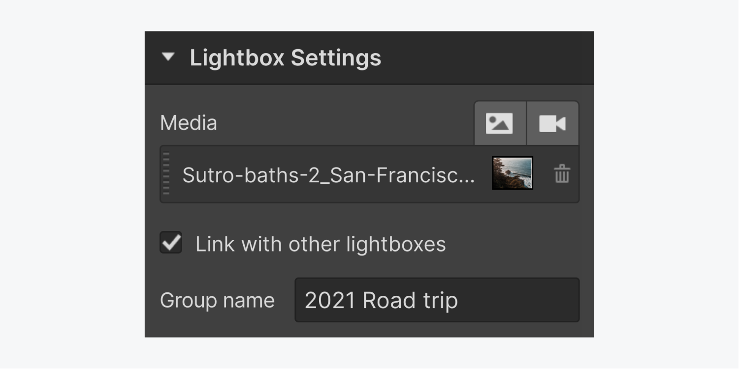 The lightbox settings board features an addition icon for an image, an inclusion icon for a video, a file title and a miniature image with a deletion symbol, a confirmed checkbox for "Interlink with other lightboxes" and a cluster title named "2021 Road trip."