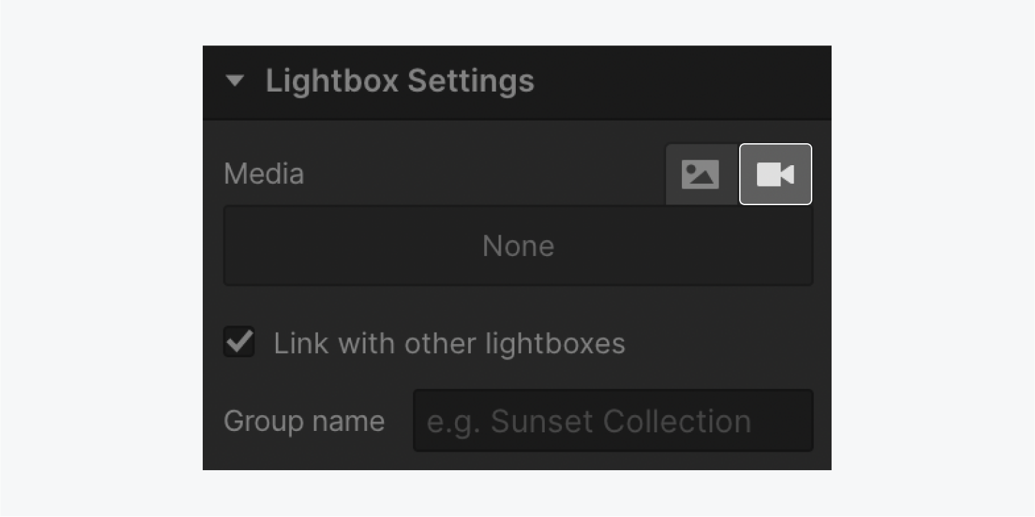 The “Add video” button is highlighted in the Media section in Lightbox settings.