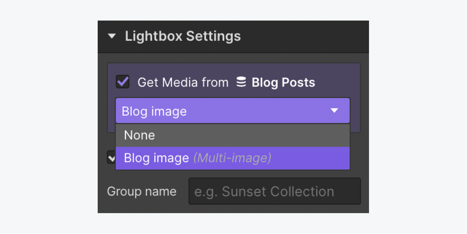 The “Get Media from Blog posts” checkbox is selected in Lightbox settings and a “Blog image” Multi-image Collection field is highlighted in the dropdown.