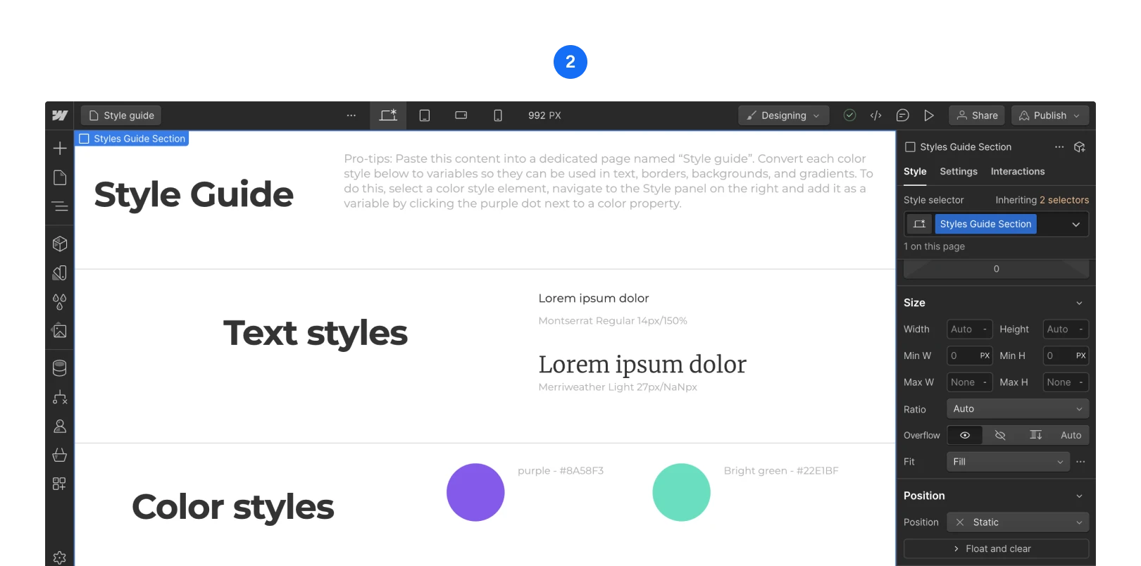 The style guide template is duplicated in webflow with two text styles and two color styles.